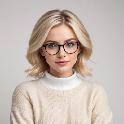 Young woman with glasses poses in soft sweater indoors