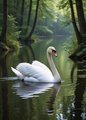 Swan gliding peacefully through a serene forest lake