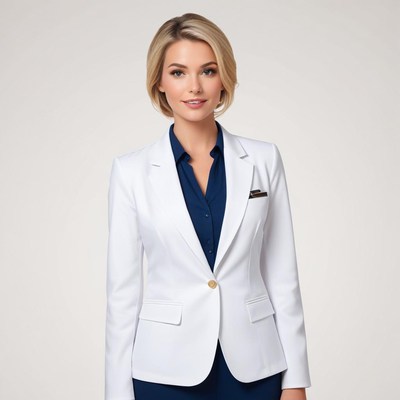 Woman in a white blazer in a studio