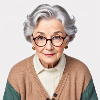 Elderly woman with stylish glasses and soft sweater