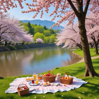 Enjoying a spring picnic by the serene cherry blossoms