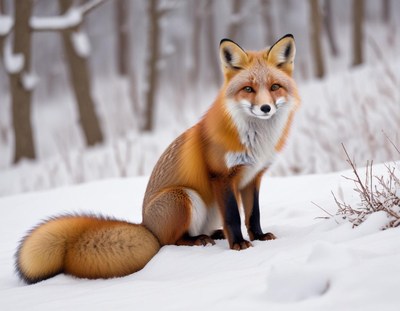 Fox sitting gracefully in the winter snow
