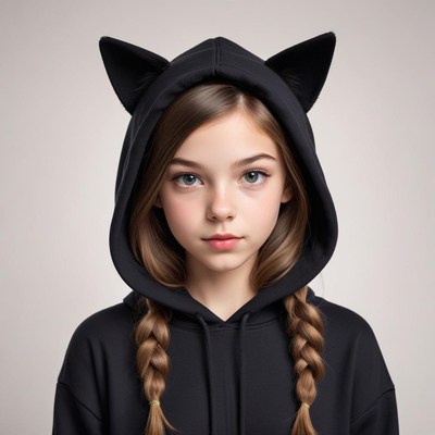 Girl in black hoodie with cat ears poses for camera