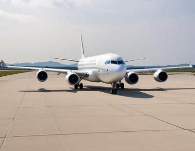 Airplane taxiing on runway in bright daylight