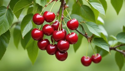 Fresh cherries hanging on a leafy branch in summer
