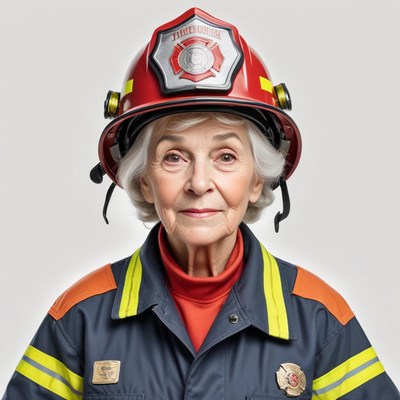 Elderly woman dressed as a firefighter in uniform