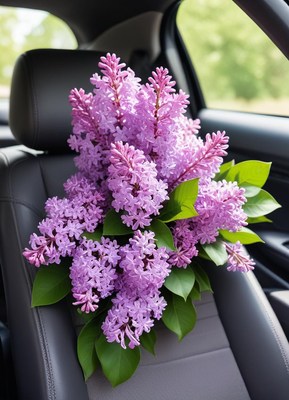 Lilacs arranged in a car seat for a special event