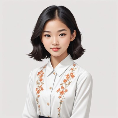 Young girl in decorative shirt with floral design