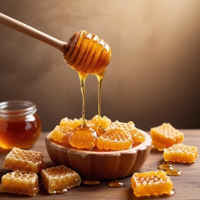 Sweet honey drips from wooden dipper into bowl
