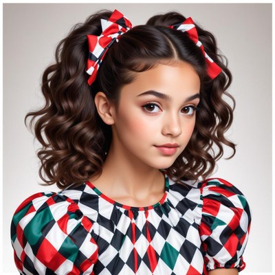 Girl with curly hair in a patterned dress and ribbons