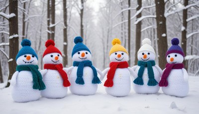 Snowmen in cozy scarves enjoy winter in a snowy forest