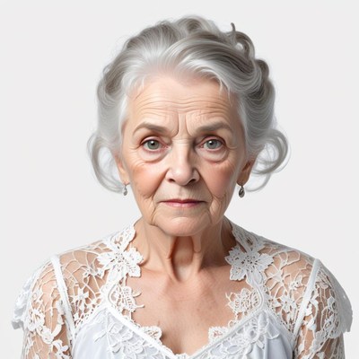 Elderly woman in elegant dress with intricate lace details