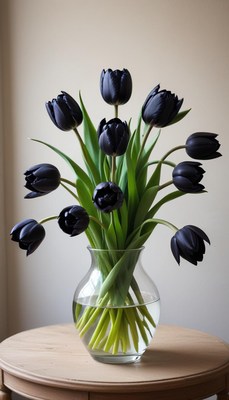 Elegant black tulips in a clear vase on a wooden table