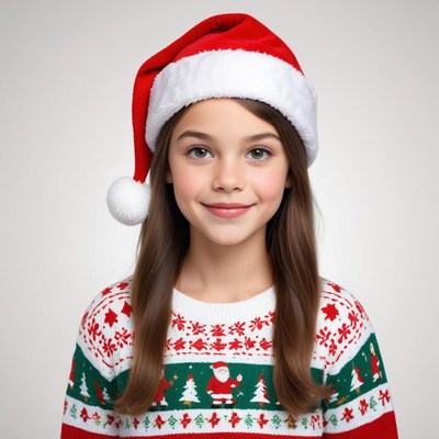 Cheerful girl in christmas sweater and festive hat