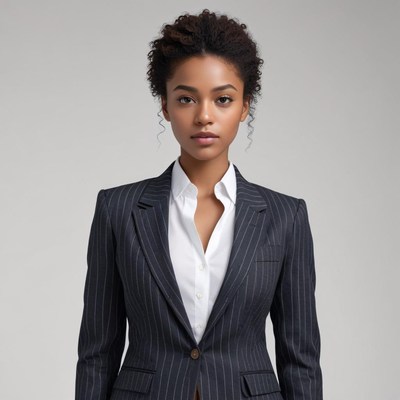 Professional woman in pinstripe suit in studio setting