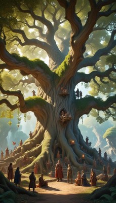 Enchanted gathering around a massive ancient tree