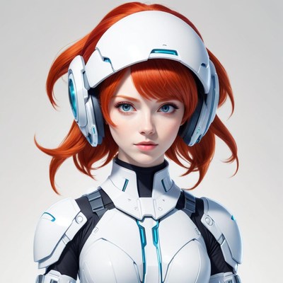 Futuristic character with red hair and high-tech armor