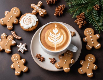 Festive gingerbread cookies and latte art for winter
