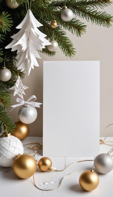 Elegant holiday decoration with blank card and ornaments