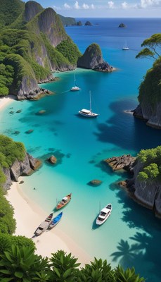 Boats anchored in a tropical bay with clear water