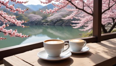Coffee by a serene lake with cherry blossoms