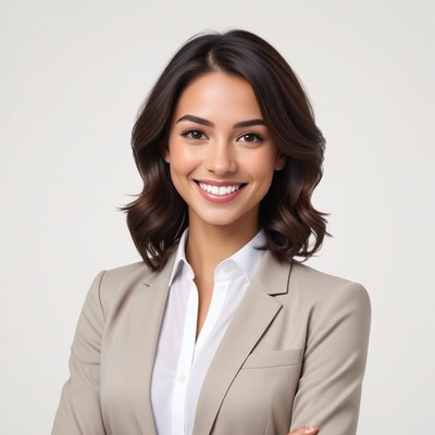 Confident woman in business attire smiling warmly