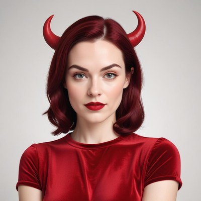 Woman with red horns and bold makeup in a sleek outfit