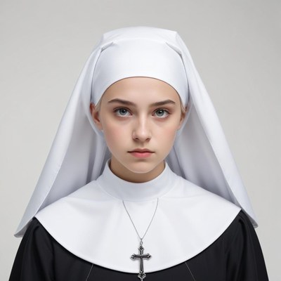 Young woman dressed in nun attire with a serious expression