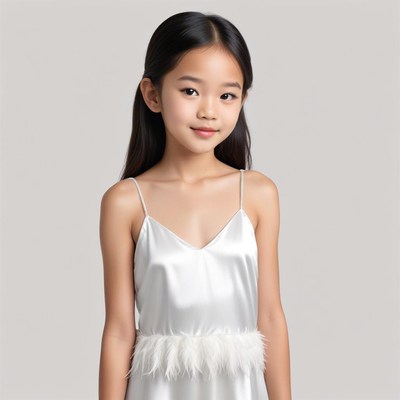 Young girl poses in elegant dress with feather detail