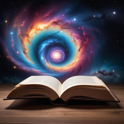 Open book reveals a colorful galaxy in the background