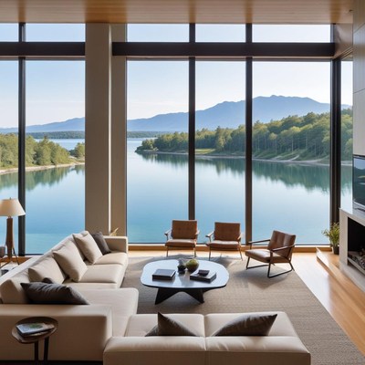 Modern living room with stunning lake view in daylight