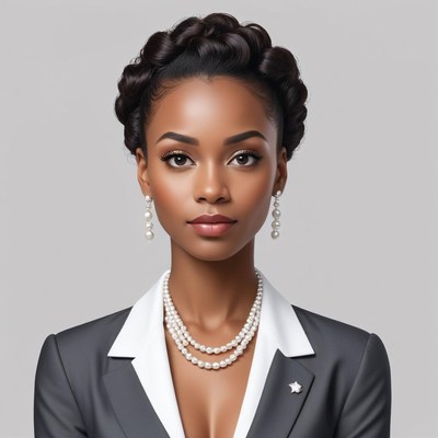 Elegant woman in formal attire with pearl accessories