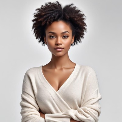 Woman with natural curls poses confidently indoors