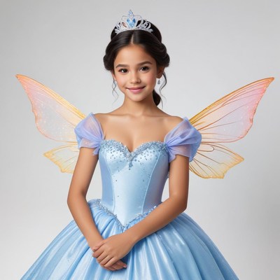 Young girl in blue fairy costume with wings and crown