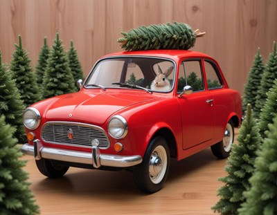 Cute rabbit in red car with a christmas tree on the roof