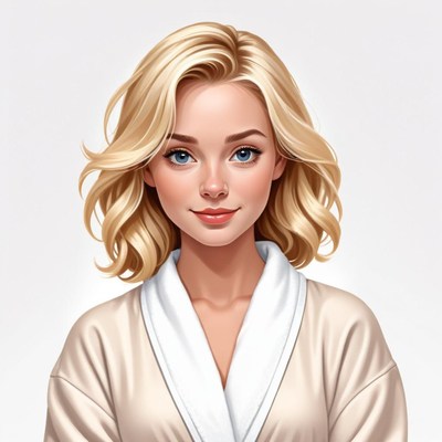 Woman with blonde hair in a white robe smiling