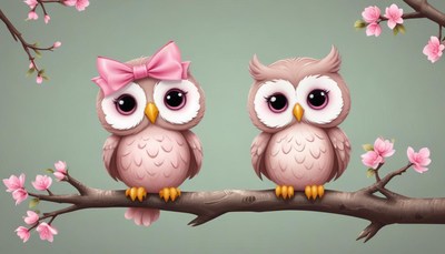 Two cute owls on a branch with pink flowers in spring