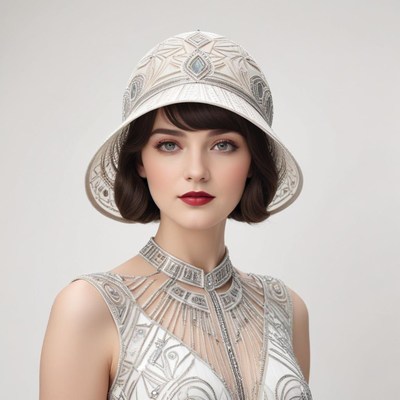 Elegant woman in vintage dress and hat poses gracefully