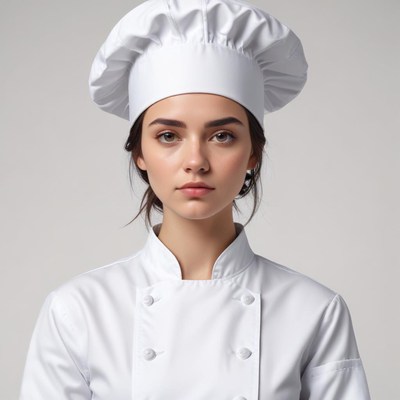Young chef wearing a white uniform and hat poses confidently