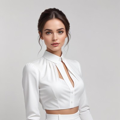 Elegant woman in stylish white outfit poses confidently