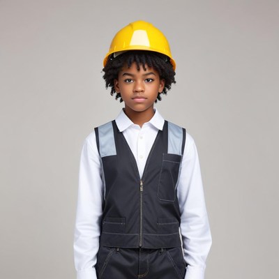 Young child in construction outfit with hard hat on