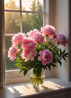 Bright peonies in a vase by a sunny window