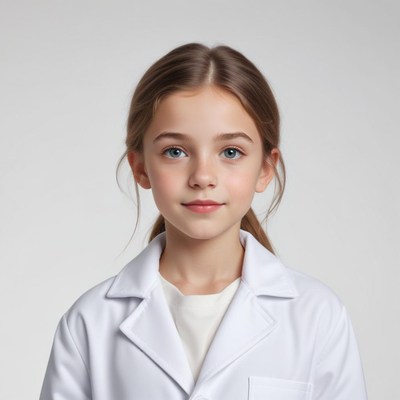 Young girl in lab coat smiles for the camera at home