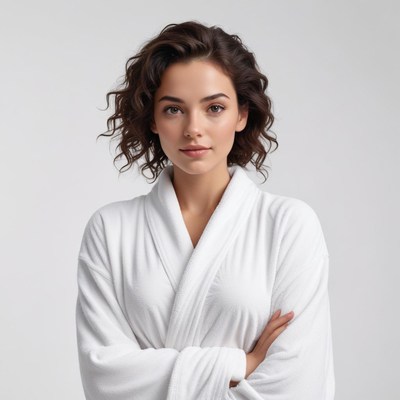 Model in white robe poses confidently in studio setting