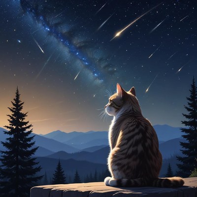 Cat gazes at shooting stars in a tranquil night sky