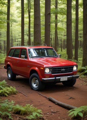 Classic red suv navigating through a lush forest trail
