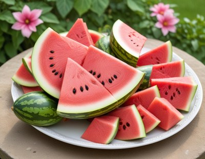 Fresh watermelon slices arranged on a platter in a garden
