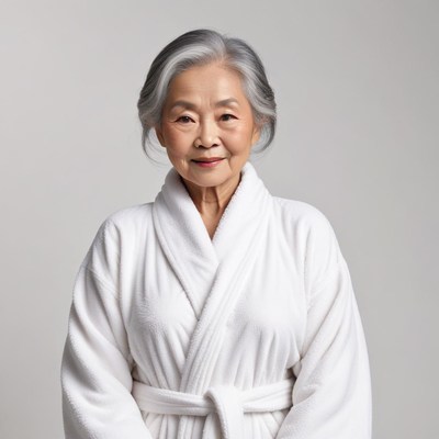 Elderly woman in white robe poses calmly with a slight smile