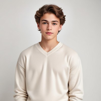 Young man in casual sweater poses against a plain background