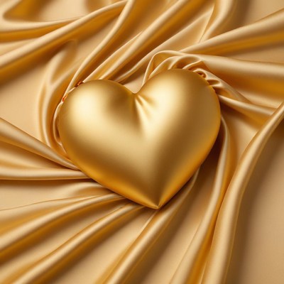 Golden heart on luxurious satin fabric background